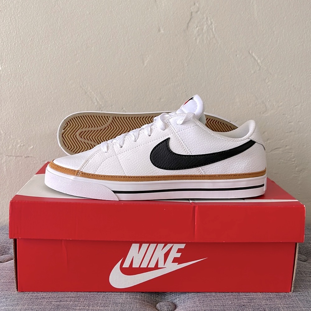 NIB, never worn. Nike Court Legacy in White/Black-Desert Ochre. Men’s size 8.